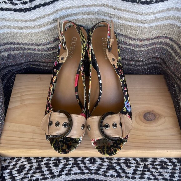 Guess corky open toe heels - black floral with box - Picture 3 of 5